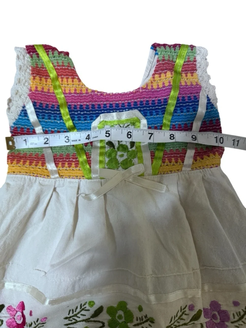 White Dress with Rainbow Trim & Floral Embroidery - Kids Casual Dress